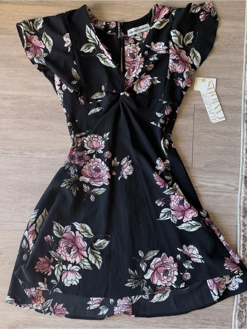 Almost Famous Black Mini Dress with Pink Floral Print